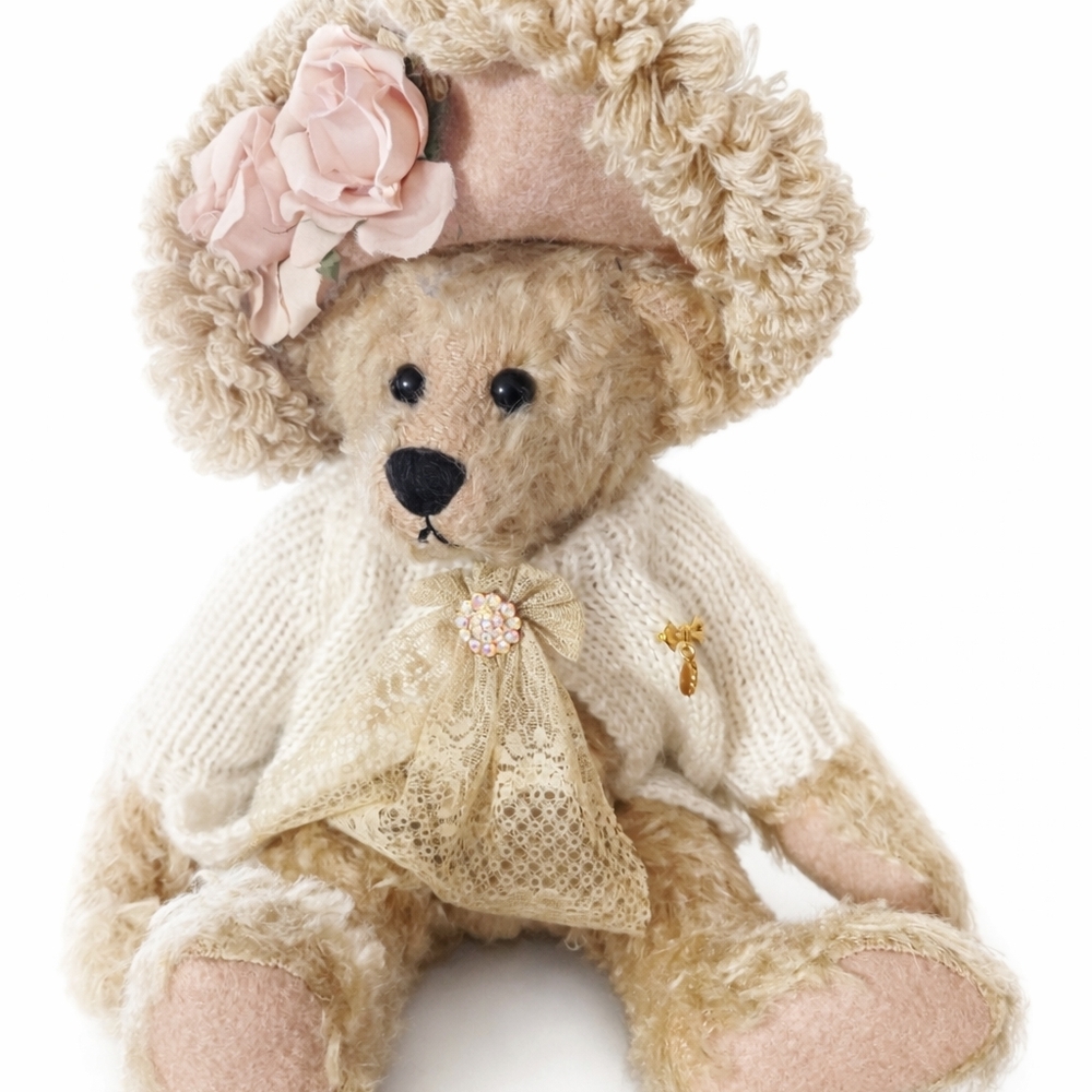 Vintage Plush Beige Teddy Bear with Pink Hat and Cream Sweater -